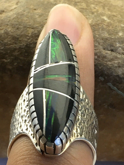 Navajo Multi-Color Opal & Turquoise Inlay Ring | Sterling Silver | Sz 8 | Authentic Native American Handmade | 01613