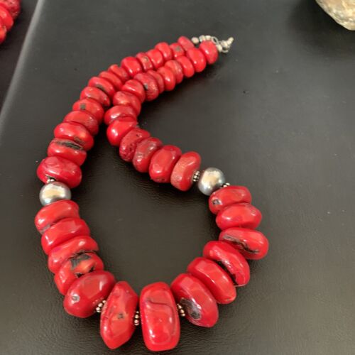 Navajo Red Coral Bead Necklace | Sterling Silver | Graduated 21" | Authentic Native American Jewelry | 13160