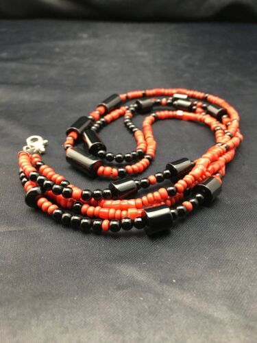 Southwestern Red Coral & Onyx 2-Strand Necklace | Navajo Sterling Silver | Authentic Native American Handmade | 4523