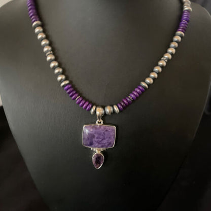 Navajo Pearls Necklace with Purple Sugilite Pendant | Sterling Silver | Multi-Stone | 11333
