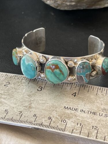 Men's Navajo Blue Turquoise Cuff Bracelet | Sterling Silver | 5 Stones | Authentic Native American Handmade | 01886 - Masha USA