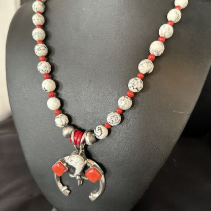 Navajo White Buffalo Turquoise Coral Naja Pendant Necklace | Sterling Silver | 24" | 14687