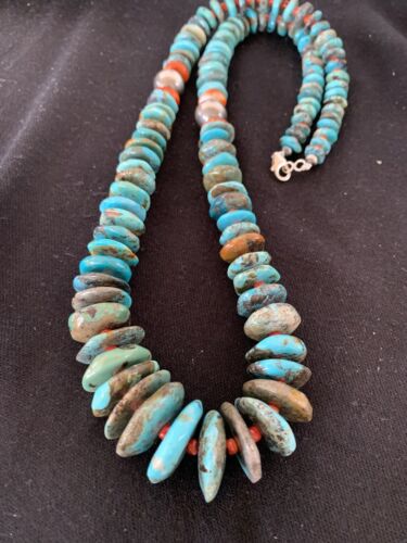 Navajo Natural Blue Turquoise & Spiny Oyster Necklace | Sterling Sliver | Graduated | Authentic Native American | 28" | 330