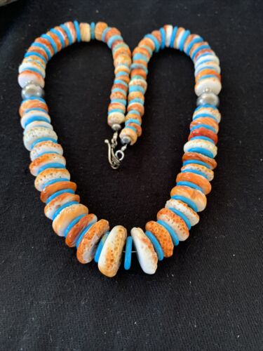 Navajo Pearls & Spiny Oyster Turquoise Necklace | Sterling Silver | Graduated | Authentic Native American | 23" | 00744