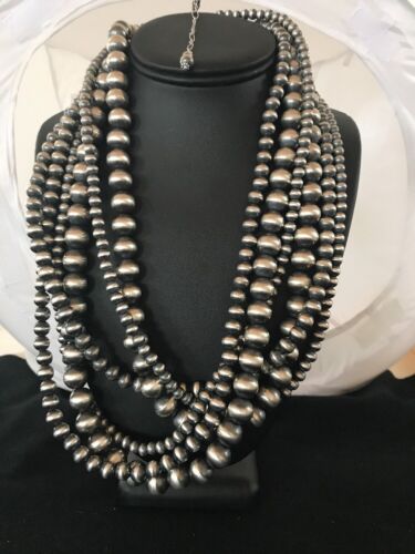 Navajo Pearls Sterling Silver Bead Necklace | 60" 3-Strand | Native American Handmade | 93960