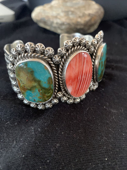 Navajo Royston Turquoise & Spiny Oyster Cuff Bracelet | Sterling Silver | Authentic Native American Handmade | 1105