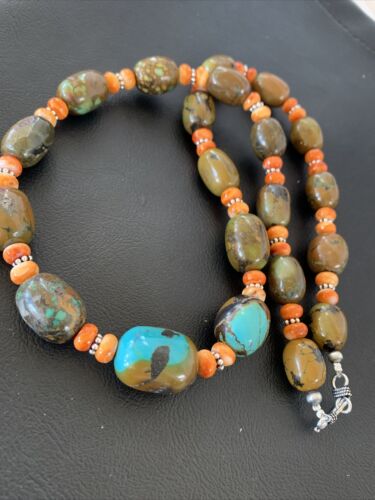 Navajo Green Turquoise & Orange Spiny Oyster Necklace | Sterling Silver | 23" | Authentic Native American Handmade | 1848
