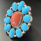 Navajo Blue Kingman Turquoise and Coral Cluster Ring | Authentic Native American Sterling Silver | Multi-Stone | Sz 7.5 | 11530