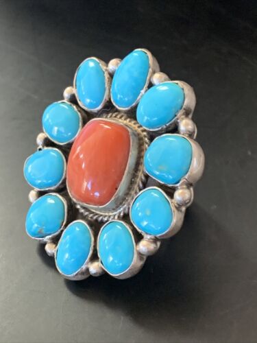 Navajo Blue Kingman Turquoise and Coral Cluster Ring | Authentic Native American Sterling Silver | Multi-Stone | Sz 7.5 | 11530