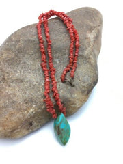 Native American Turquoise Coral Pendant Necklace | Brass Old Pawn | 19" | 4005