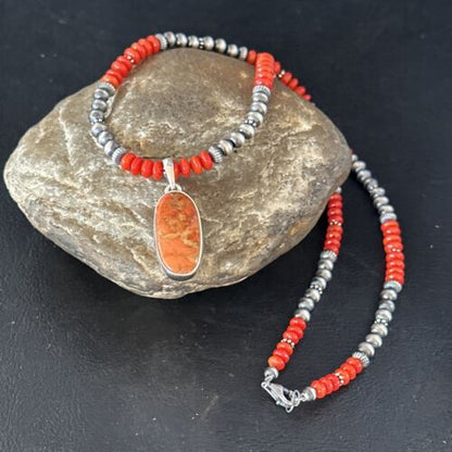 Navajo Red Apple Coral Pendant Necklace | Sterling Silver | Authentic Native American Handmade | 14373