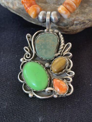 Navajo Green Turquoise and Spiny Bead Necklace Pendant | Sterling Silver | Authentic Native American Handmade | 573