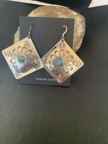 Navajo Turquoise Stamped Earrings | Sterling Silver | Authentic Native American Handmade | 1203