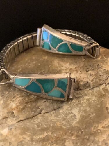 Navajo Sterling Silver Watch Tips | Old Pawn Blue Turquoise Inlay | Authentic Native American Jewelry | 1443