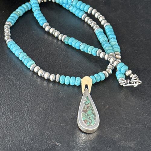 Navajo Blue Turquoise Pendant Necklace | Sterling Silver | 22" | Authentic Native American Handmade | 14603