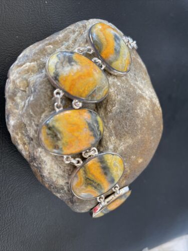 Navajo Bumblebee Jasper Link Bracelet | Sterling Silver | 7.5" | Authentic Native American Handmade | 10285