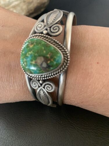 Navajo Green Sonoran Gold Turquoise Cuff Bracelet | Sterling Silver | Authentic Native American Handmade | 13830