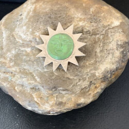 Old Pawn Navajo Green Gaspeite Sun Face Pin Pendant | Sterling Silver | Authentic Native American Handmade | 12132