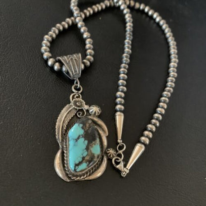 Navajo Pearl Necklace with Blue Spiderweb Turquoise Pendant | Sterling Silver | Native American Handmade | 13258