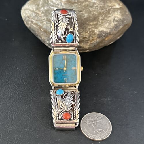 Authentic Navajo Men's Watch Tips Band | Turquoise Coral Feather | Sterling Silver | Native American Jewelry | 14312