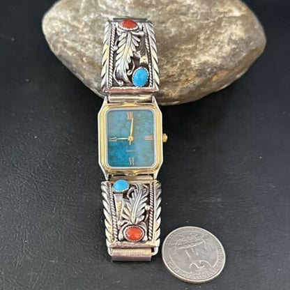 Authentic Navajo Men's Watch Tips Band | Turquoise Coral Feather | Sterling Silver | Native American Jewelry | 14312