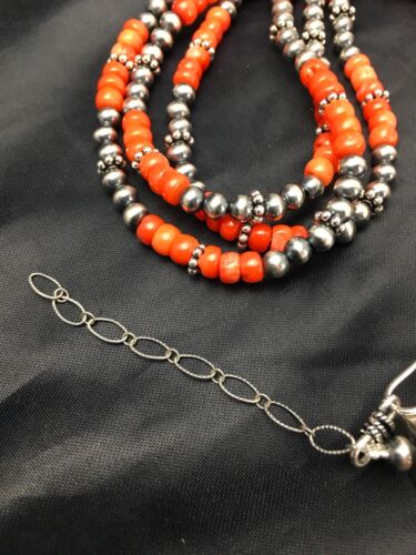 Navajo Red Coral 3 Strand Necklace | Sterling Silver | Authentic Native American Handmade | 2585