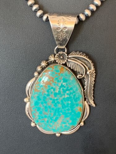 Men's Turquoise #8 Pendant | Navajo Pearls Sterling Silver Necklace | Authentic Native American Handmade | 4619