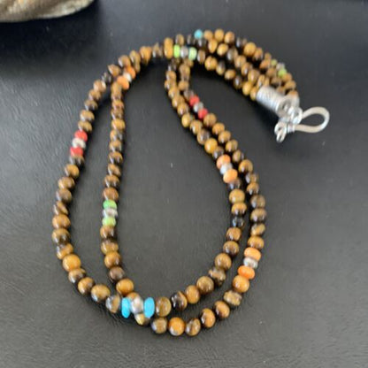 Navajo Tigers Eye Spiny Oyster Turquoise Necklace | Sterling Silver | 20" | Authentic Native American Handmade | 11834