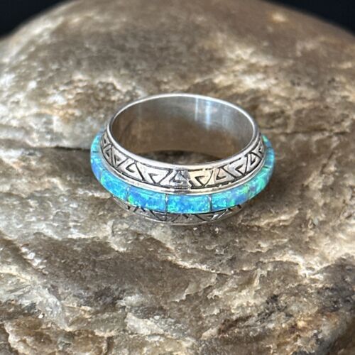 Navajo Blue Opal Inlay Eternity Band Ring | Sterling Silver | Sz 8 | Authentic Native American Handmade | 14544