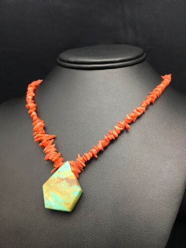 Native American Turquoise Coral Pendant Necklace | Brass Old Pawn | 19" | 4002