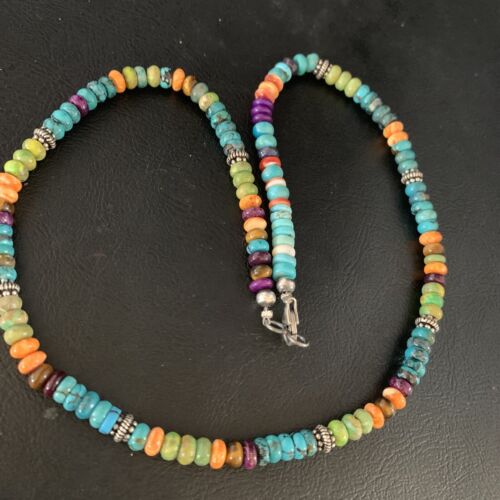Navajo Blue Turquoise & Orange Spiny Oyster Necklace | Sterling Silver | 18" | 13434