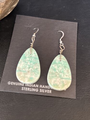 Southwestern Navajo Slab Turquoise Dangle Earrings | Sterling Silver | Authentic Native American Handmade | 01354