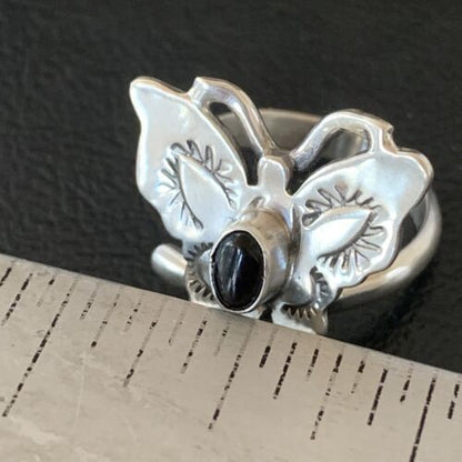 Southwestern Navajo Black Onyx Butterfly Ring | Sterling Silver | Adj Sz 8 | 10384