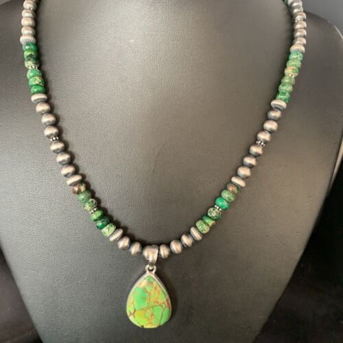 Navajo Pearls Green Mojave Turquoise Pendant Necklace | Sterling Silver | Native American Handmade | 13460