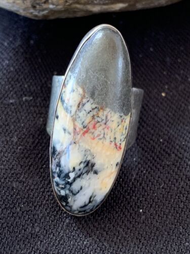 Southwestern Navajo Cinnabrite Ring | White Black | Sterling Silver | Sz 7.5 | 1557