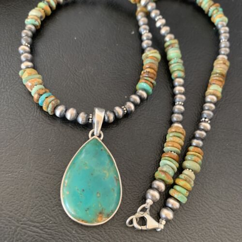 Navajo Royston Bead Green Turquoise Necklace Pendant | Sterling Silver | Authentic Native American Handmade | 11868
