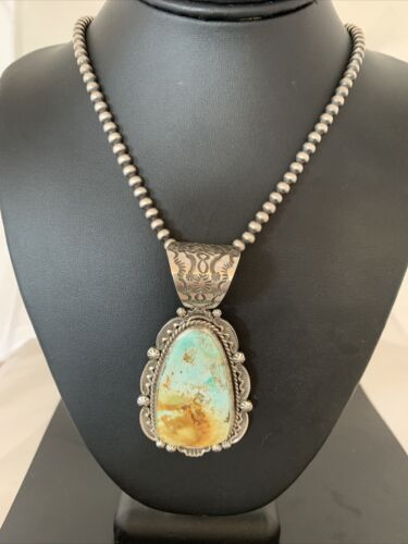 Navajo Royston Turquoise Pendant Necklace | Sterling Silver | Authentic Native American Handmade | 2129