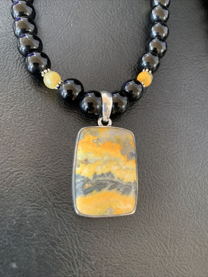 Men's Navajo Pearls Onyx Bumblebee Jasper Necklace Pendant | Sterling Silver | Native American Handmade | 10327