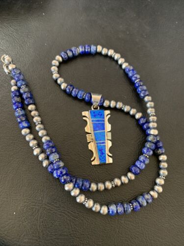 Navajo Pearls Necklace Blue Lapis Opal Inlay Pendant | Sterling Silver | Native American Handmade | 11804