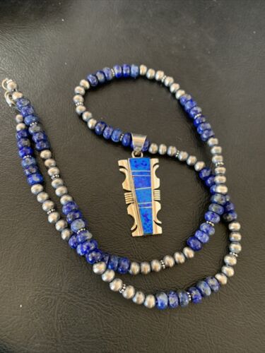 Navajo Pearls Necklace with Blue Lapis Opal Inlay Pendant | Sterling Silver | Authentic Native American Handmade | 11632