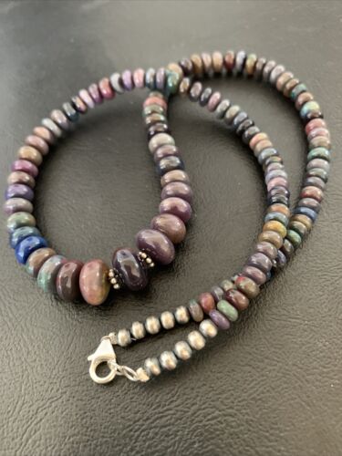 Native American Women's | Sterling Silver | Ethiopian Black Fire Opal Bead Necklace | Handmade | 18" | 01919