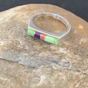 Southwestern Navajo Green Gaspeite Sugilite Red Coral Inlay Ring | Sz 7 | 02252