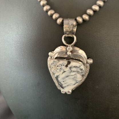 White Buffalo Turquoise Pendant Necklace | Sterling Silver | Navajo | Authentic Native American Handmade | 14057