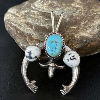 Navajo Blue Kingman Turquoise White Buffalo Naja Pendant | Sterling Silver | Authentic Native American Handmade | 14668