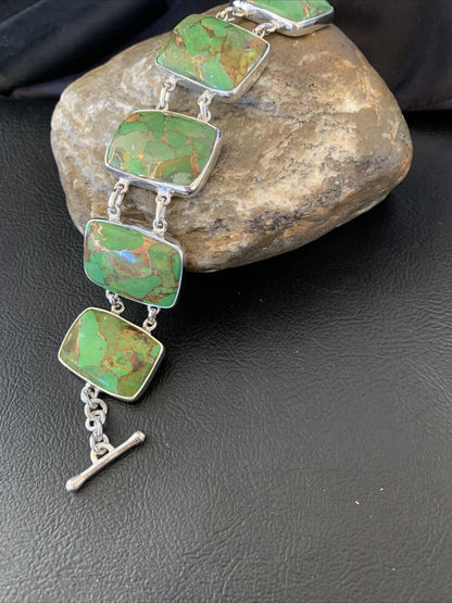 Navajo Green Mojave Turquoise Link Bracelet | Sterling Silver | 8" | Authentic Native American Handmade | 11645