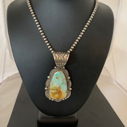 Navajo Royston Turquoise Pendant Necklace | Sterling Silver | Authentic Native American Handmade | 2129