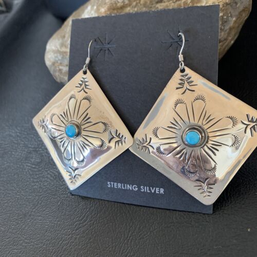 Navajo Blue Turquoise Earrings | Stamped Sterling Silver | Authentic Native American Handmade | 13322