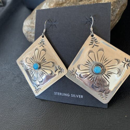 Navajo Blue Turquoise Earrings | Stamped Sterling Silver | Authentic Native American Handmade | 13322