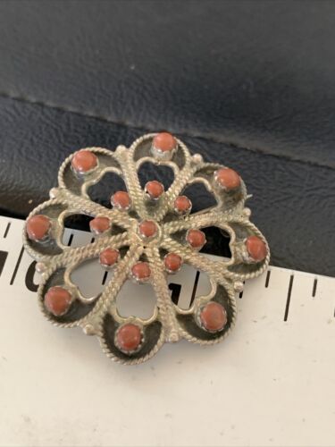Old Pawn Zuni Sterling Silver Turquoise Red Coral Brooch Pin | 1.25" | 12558