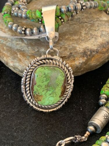 Navajo Pearls Gaspeite Turquoise Pendant Necklace Set | Sterling Silver | 3-Strand | 2987